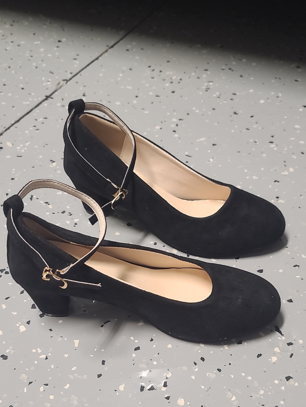 Classic Black Suede Mary Jane Heels with Ankle Strap